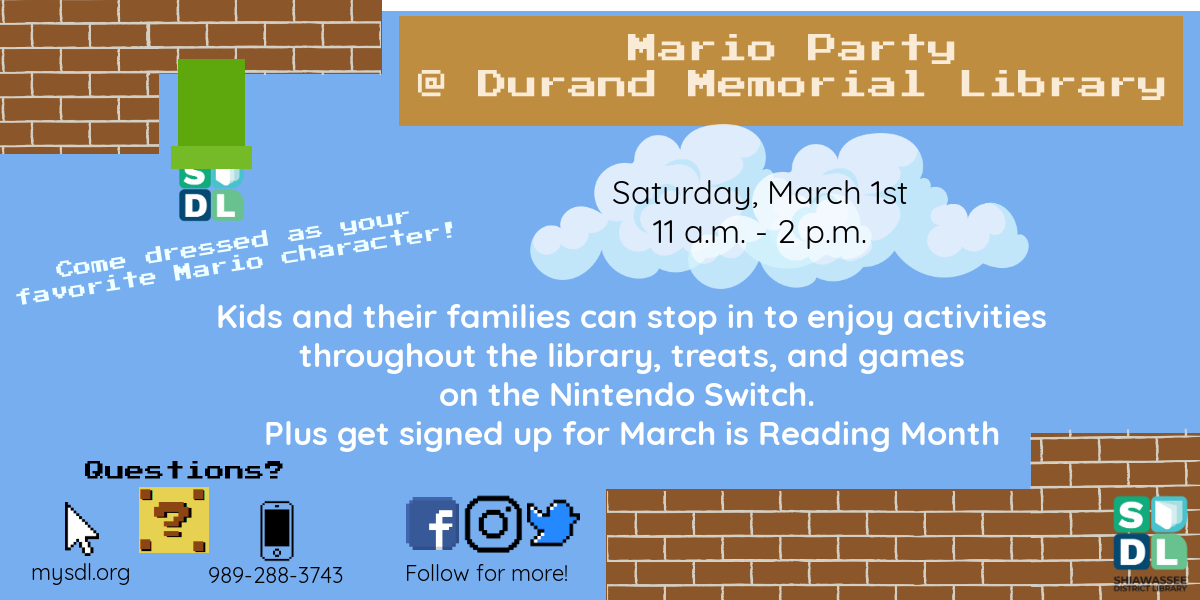 Image of Mario Party at Durand Memorial Library March 1 at 11 a m to 2 p m