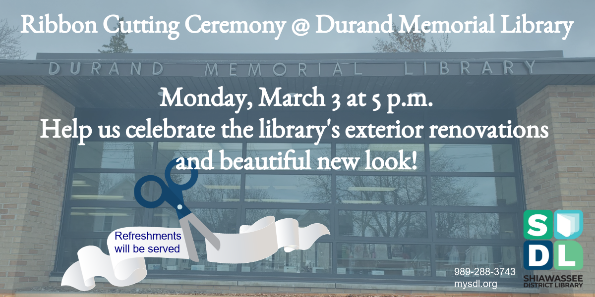 Image of Ribbon Cutting at Durand Memorial Library Monday, March 3 at 5:00 p m