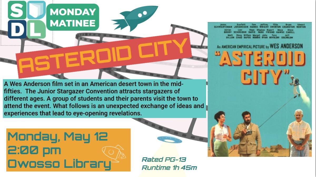 movie poster imposed over filmstrip with rockets and UFO spaceship to the right of film description