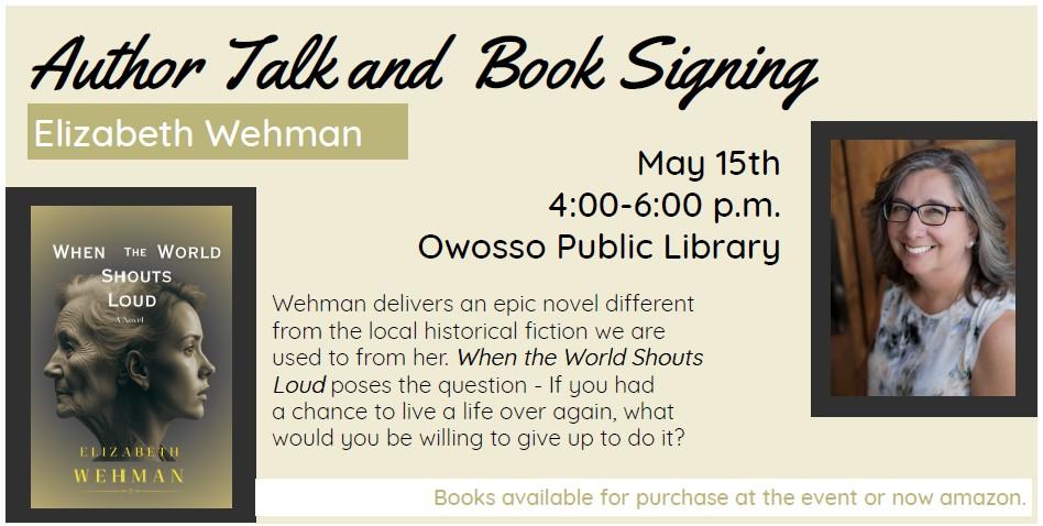 photo of book cover on left and of author on right flanking program details