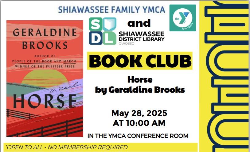 book cover on right with program info in middle and outline of a stack of books on left