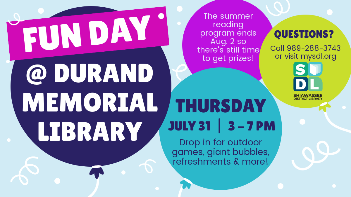 Fun Day at Durand Memorial Library July 31 from 3 to 7 p.m.