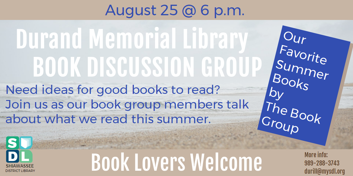 Image of Book Discussion: Our Favorite Summer Books at Durand Memorial Library August 25 at 6 p.m.