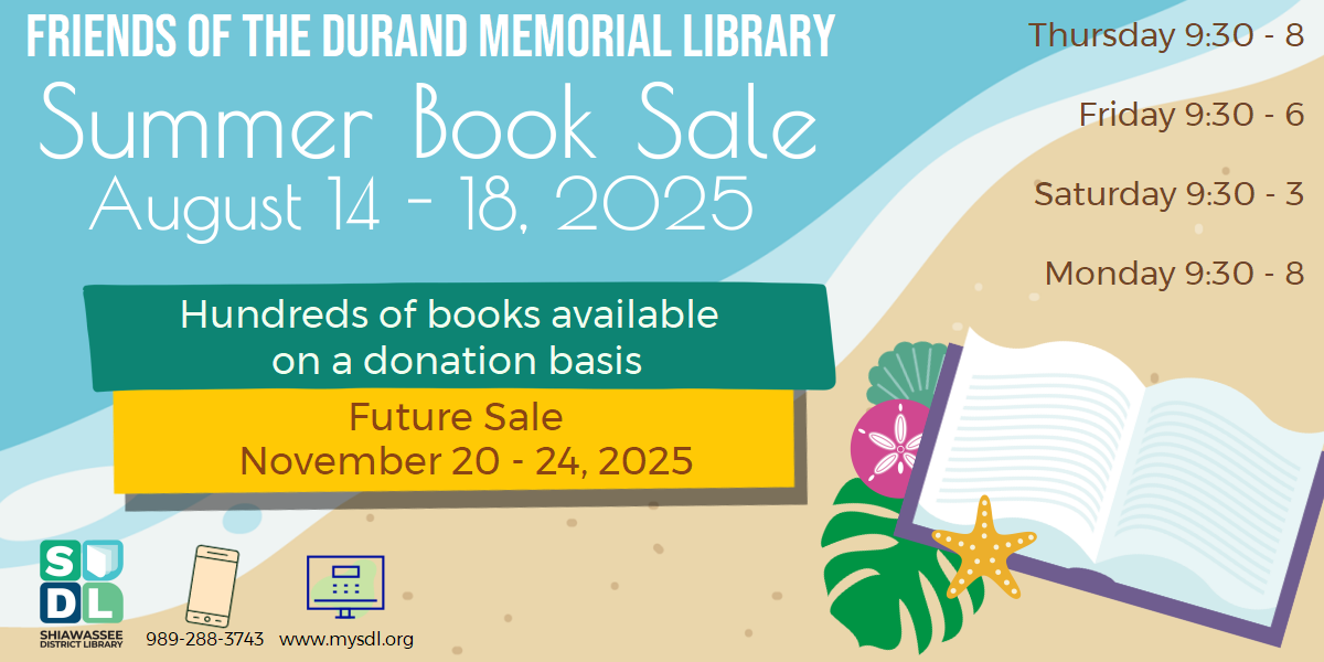 Image of Summer Book Sale at Durand Memorial Library August 14 through 18.