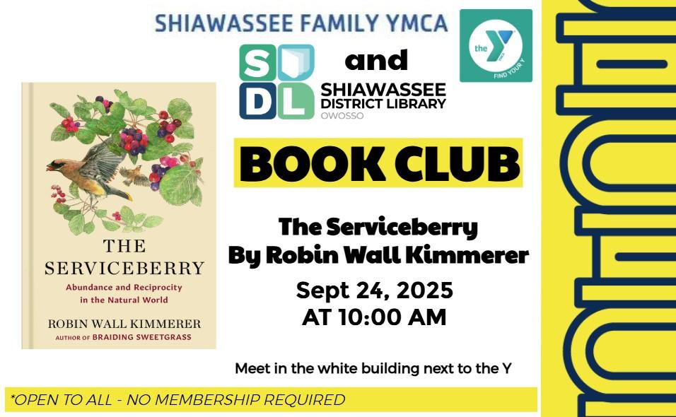 Sept book club info with photo of book cover on left stack of books on yellow background on right
