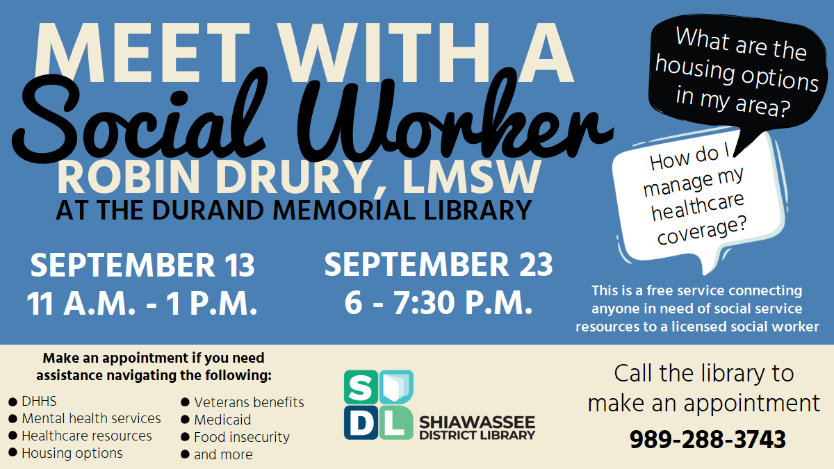 Image of Meet with a Social Worker at Durand Memorial Library Sep. 23 from 6 p.m. to 7:30 p.m.