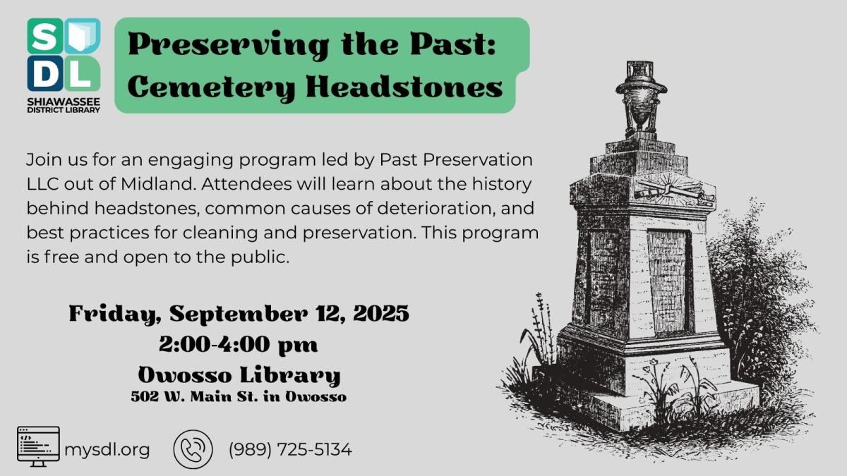 program flyer with illustration of old headstone to the right of printed program details.
