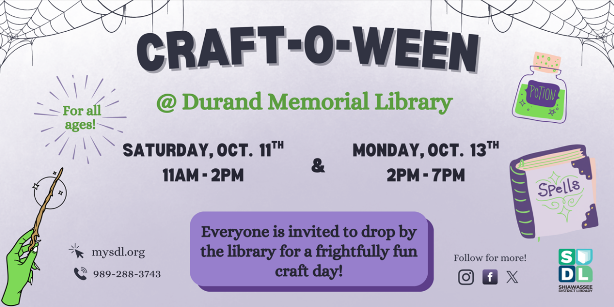 Image of Craft-O-Ween for all ages at Durand Memorial Library Oct. 11 from 11 am to 2 pm.
