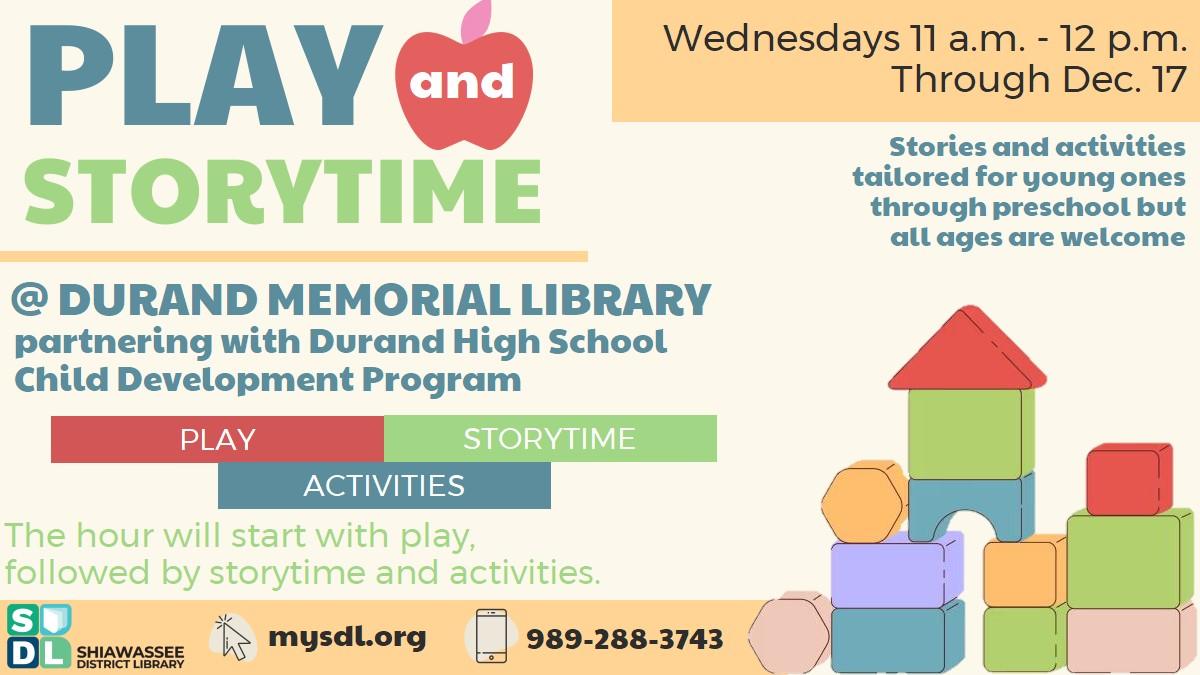 Image of "Play & Storytime" at Durand Memorial Library Wednesdays at 11 a.m. through Dec. 17