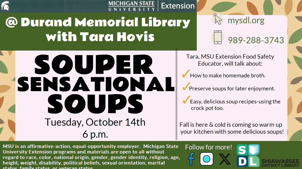 Image of "Super Sensational Soups" at Durand Memorial Library Oct. 14 @ 6 p.m.  