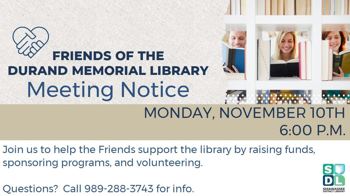 Image of Friends of the Library meeting at Durand Memorial Library November 10 at 6 p.m.
