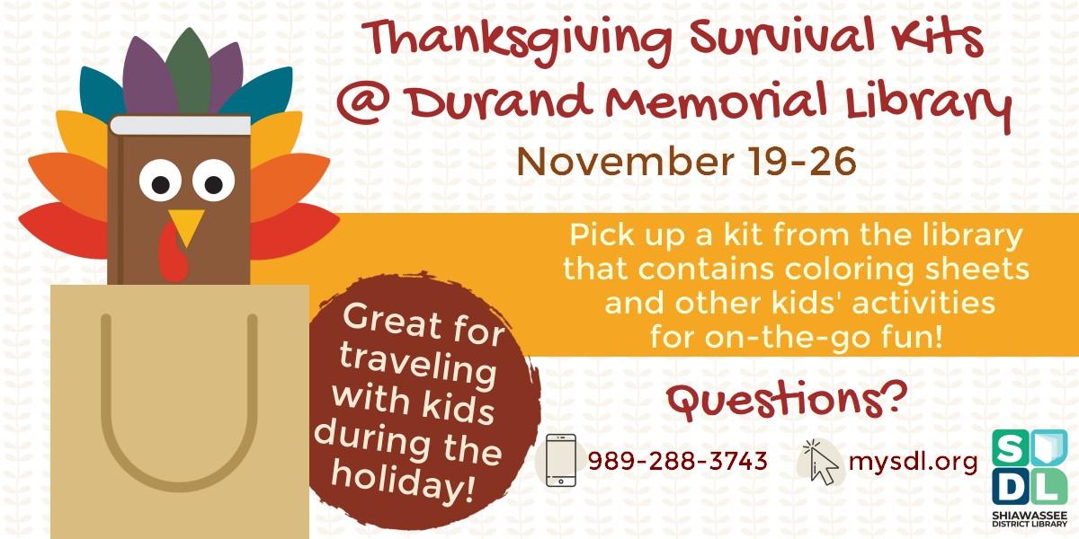 Image of Thanksgiving Survival Kits at Durand Memorial Library November 19 through 26.