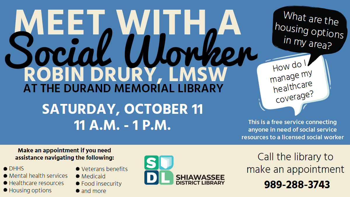 Image of "Meet with a Social Worker" at Durand Memorial Library October 11 from 11 a.m. to 1 p.m.