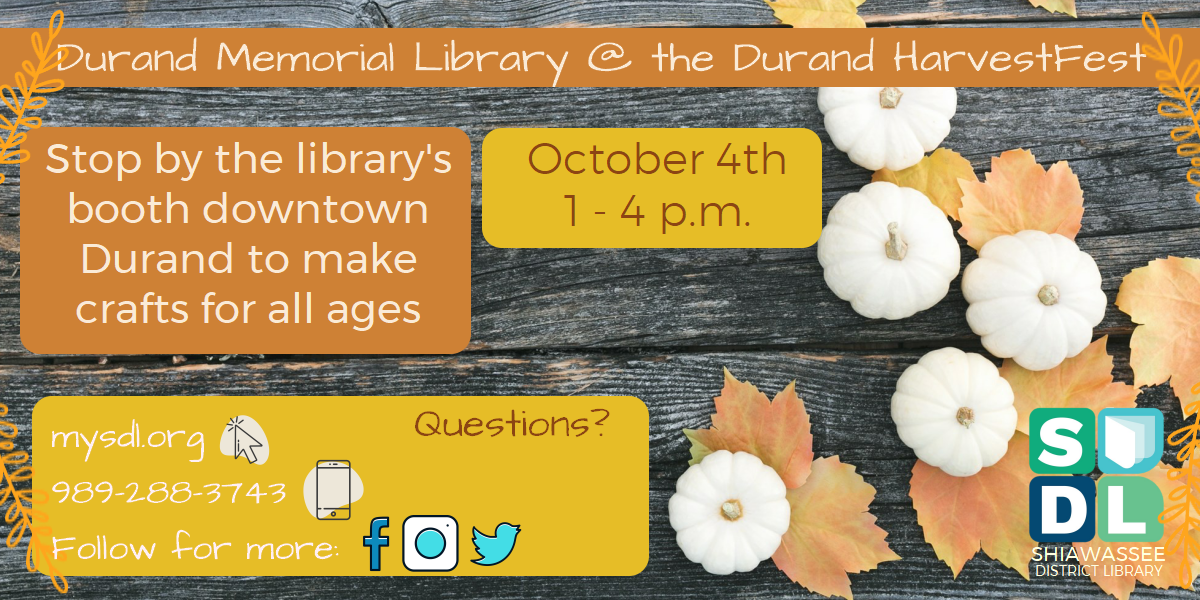 Image of Durand Memorial Library at Durand HarvestFest October 4 from 1 to 4 p.m.