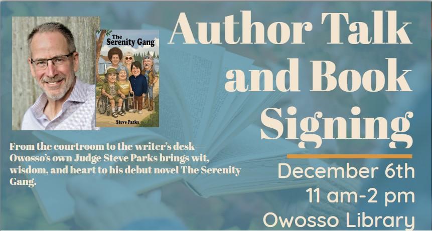 program flyer featuring photo of author and his book cover