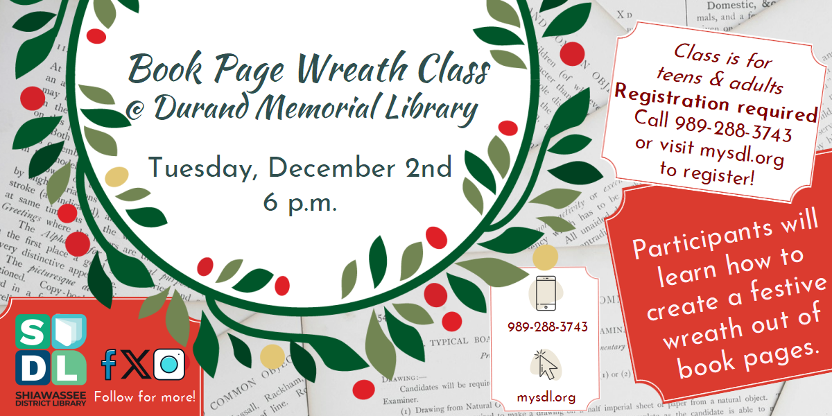 Image of "Book Page Wreath Class" December 2 at 6 p.m. 