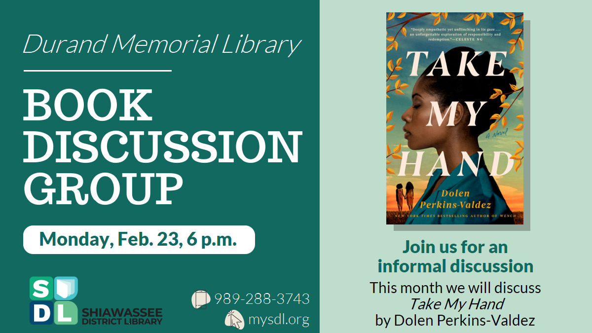 Book group at Durand Memorial Library Feb. 23 at 6 p.m. to discuss "Take My Hand"