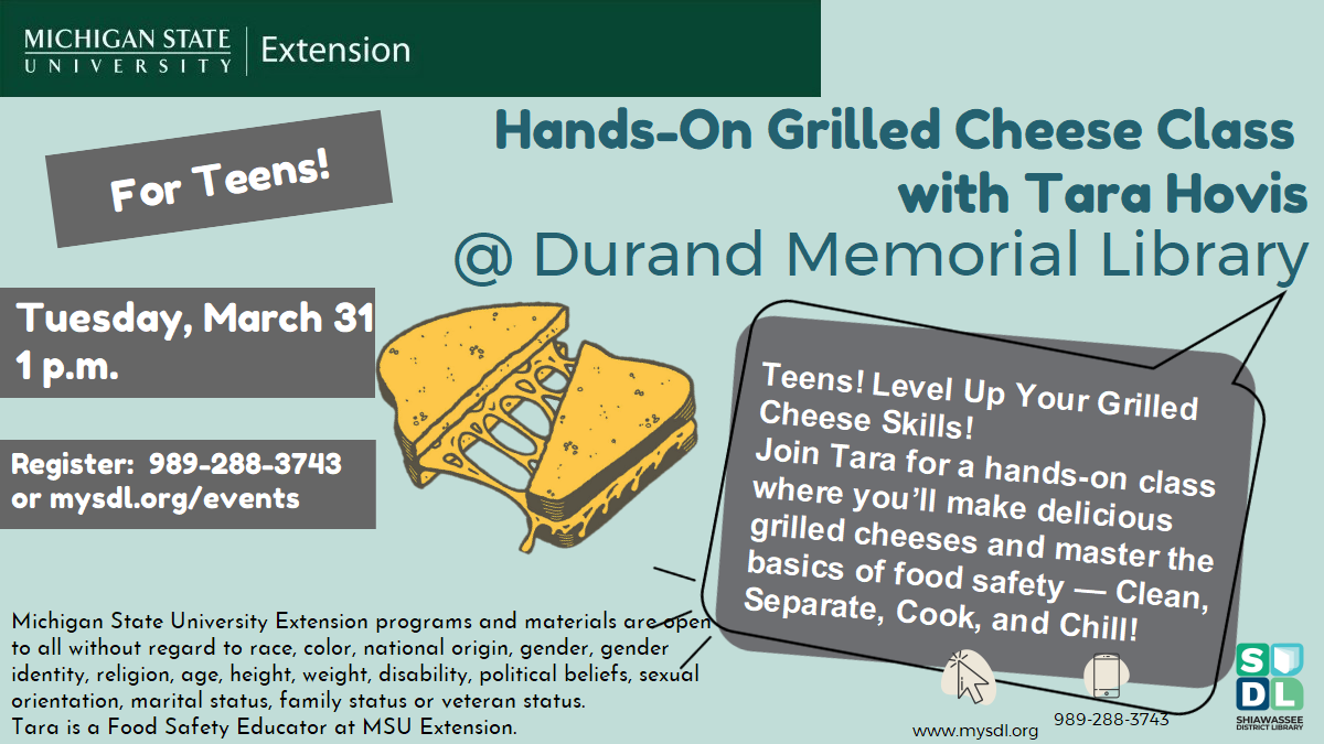 Image of Hands-On Grilled Cheese Class for teens at Durand Memorial Library March 31 at 1 p.m.