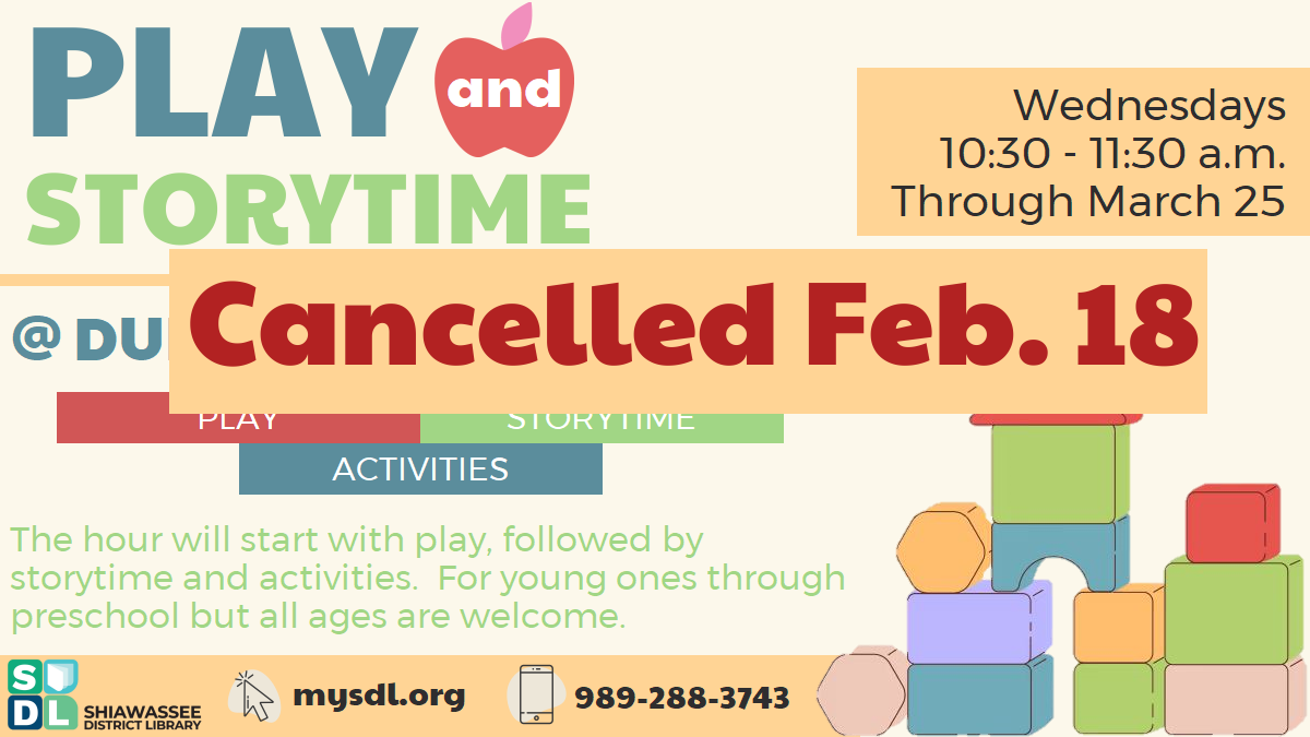 Image of Play and Storytime cancelled Feb. 18 at Durand Memorial Library