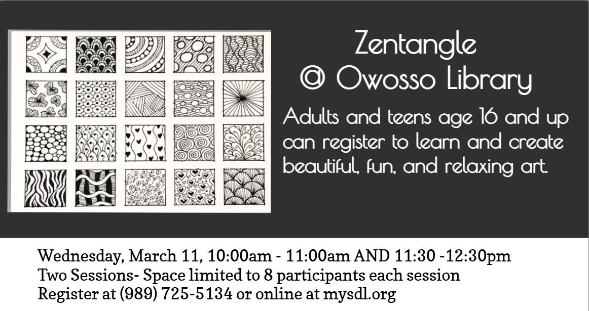 Samples of zentangle  on a black background with program info to the right
